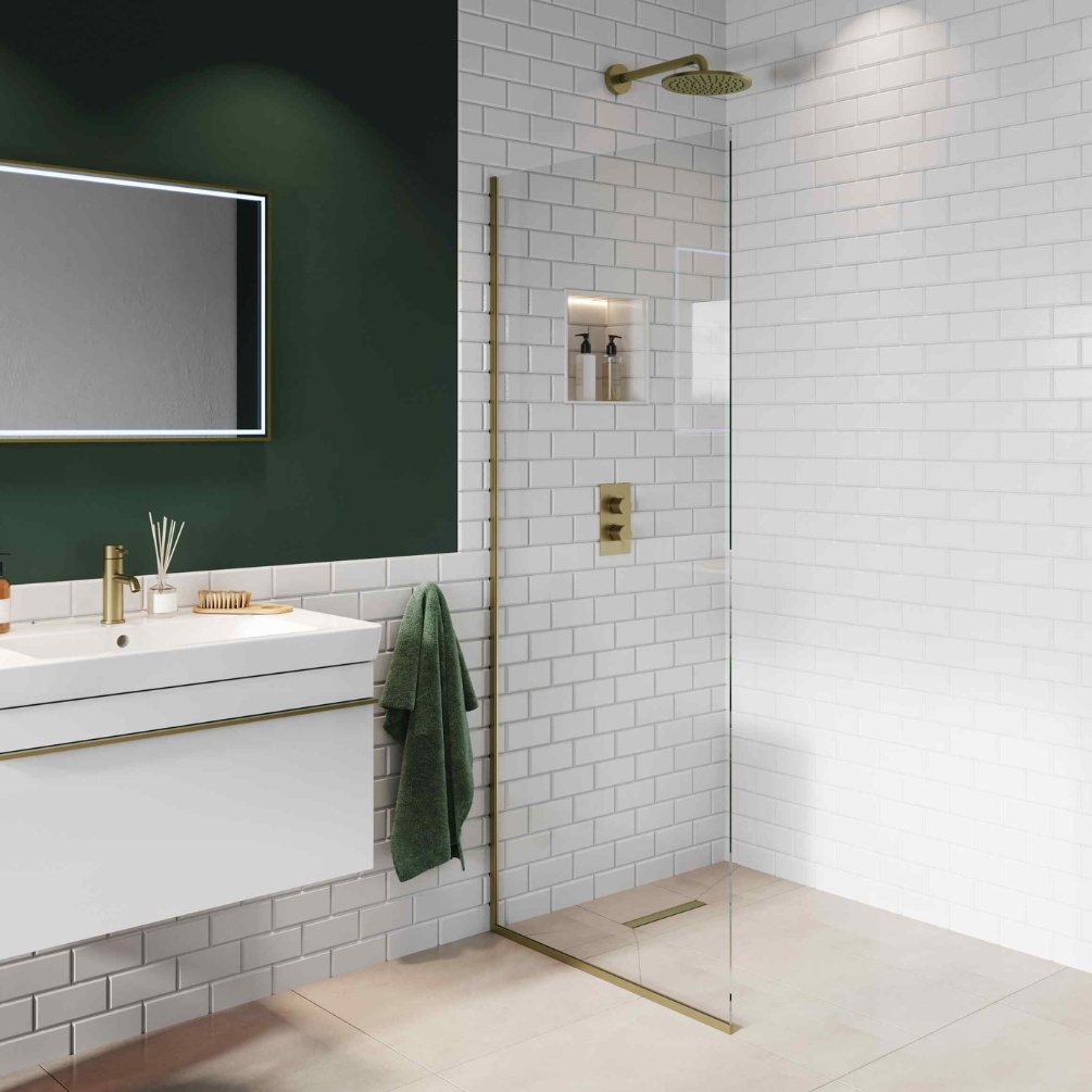 Product Lifestyle image of the Abacus Brushed Brass 835mm Fixed 10mm Wet Room Screen